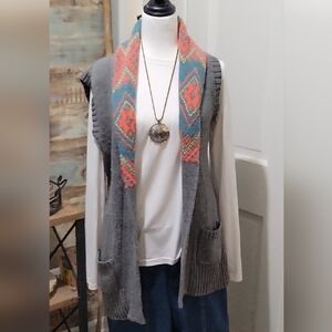 Grane Open-Front Fair Isle Sleeveless Cardigan Vest, Womens Sz L Boho